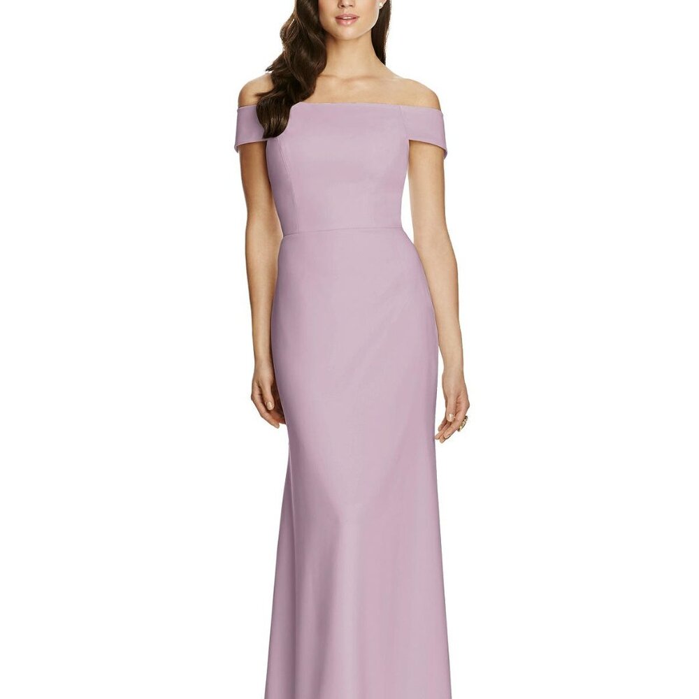 Dessy 2987....Full Length off the shoulders Crepe Dress...Suede Rose...Sz 8